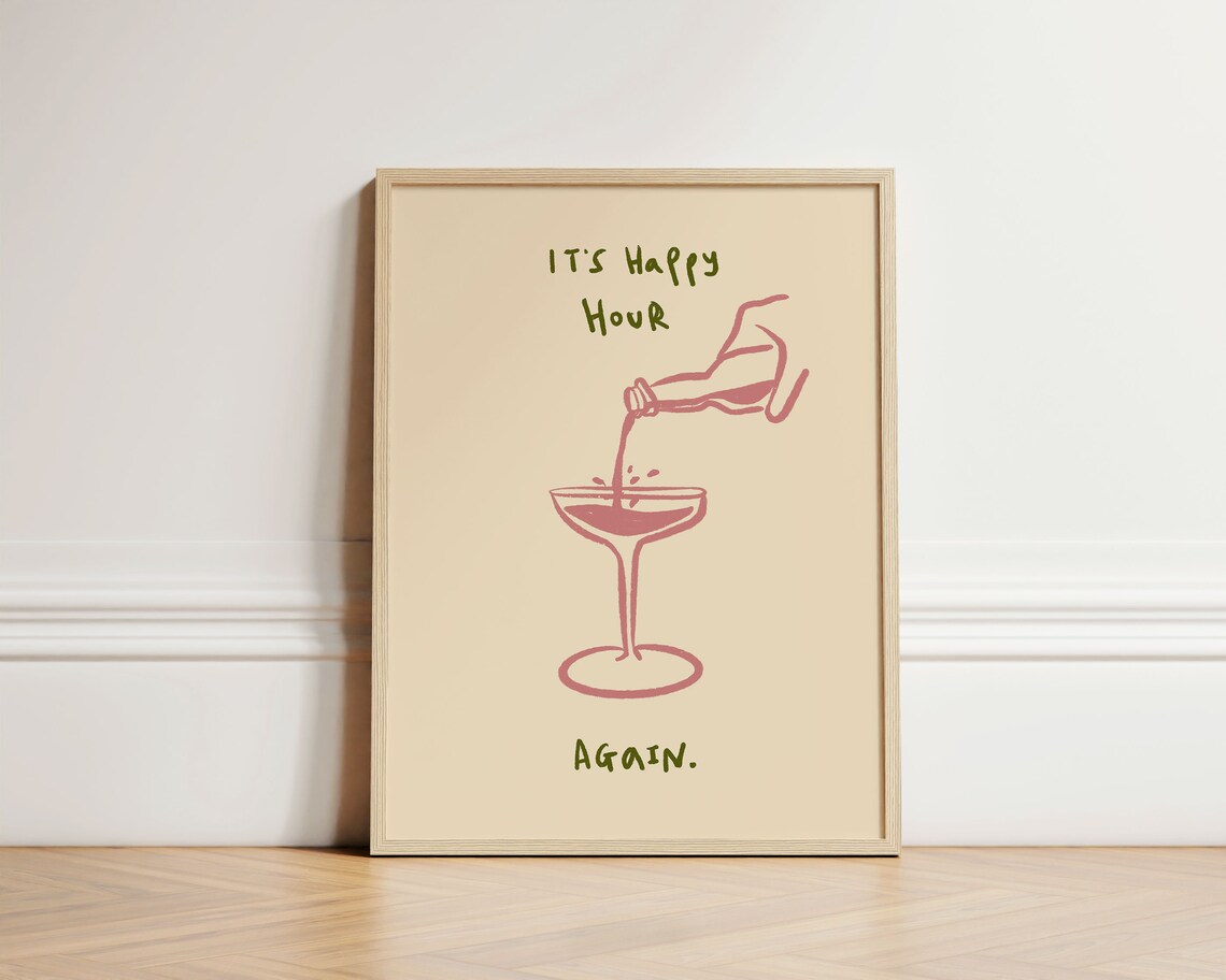Happy Hour Print Abstract Poster Retro Kitchen Wall Decor Bar Home Unframed