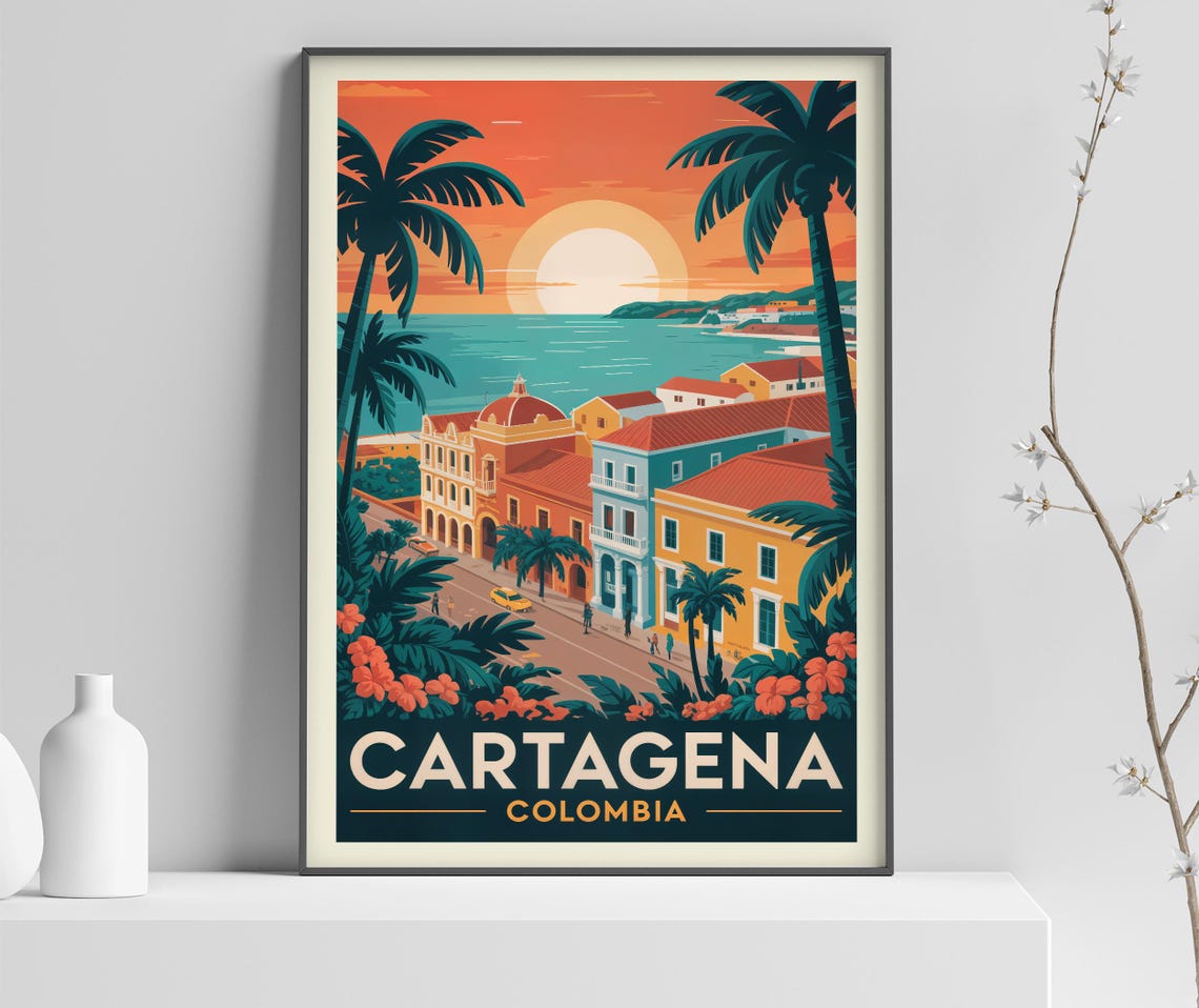 Colombia Cartagena Sunset Palm Trees Colonial Street Art Poster