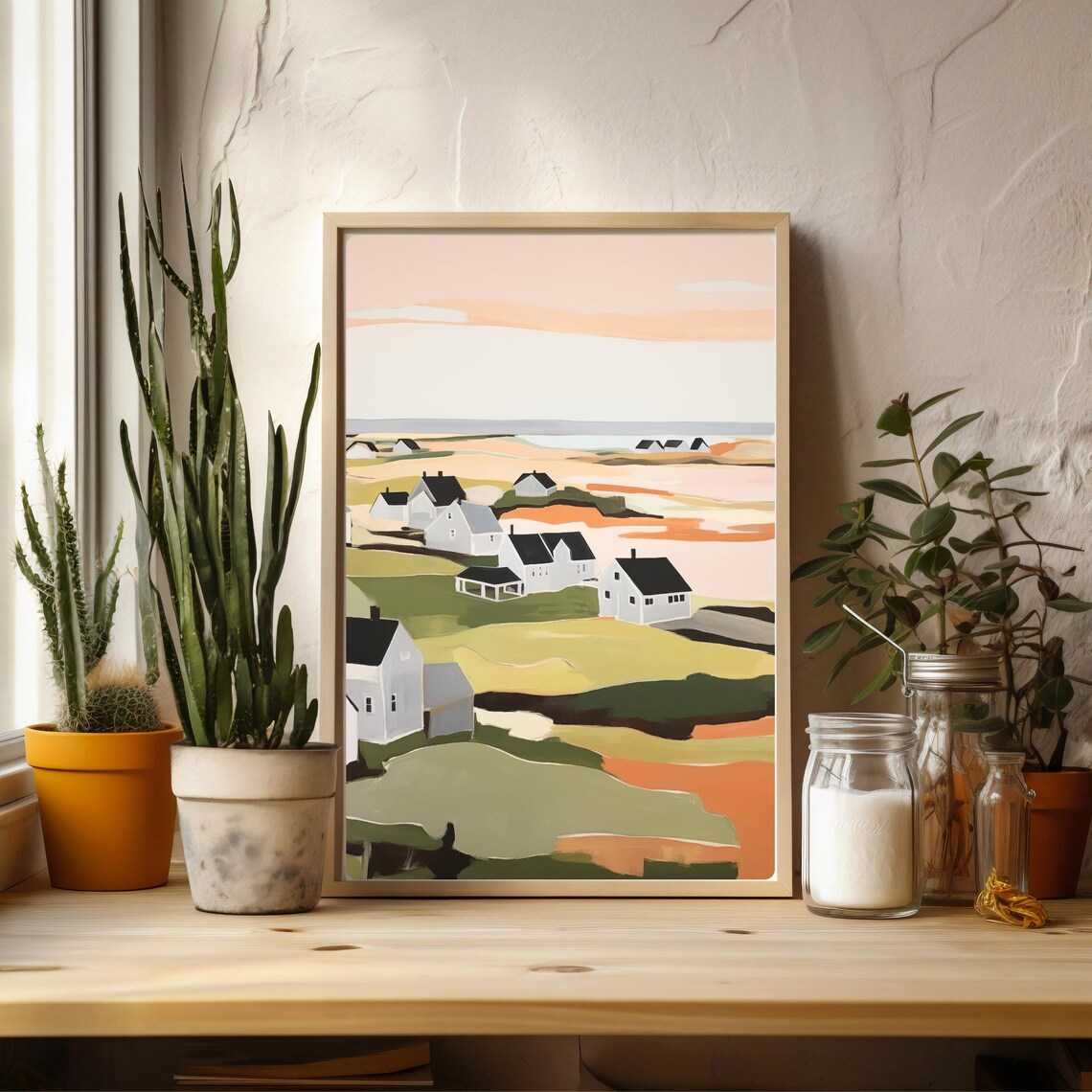 White Coastal Village Houses Peach Hills Seaside Landscape Poster - Image 2