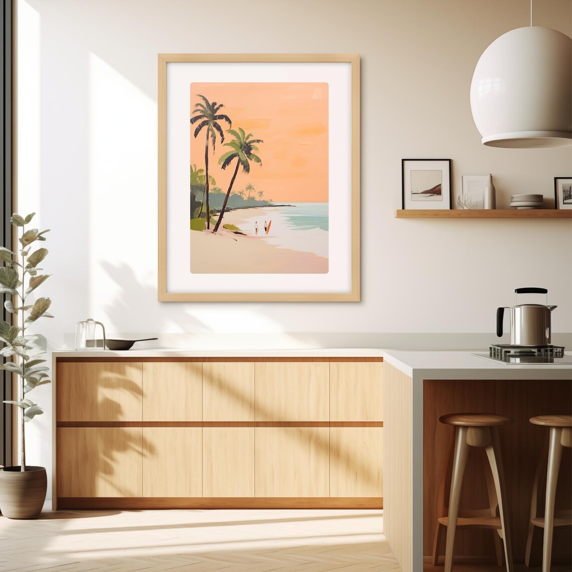 Tropical Sunset Beach Surfers Palm Trees Peach Sky Painting Poster - Image 3