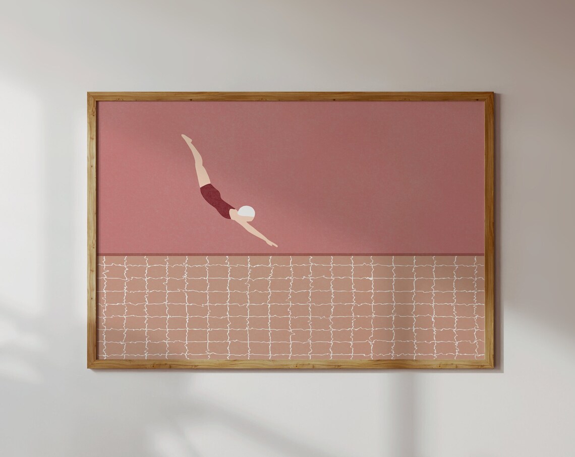 Horizontal Retro Swimmer Diving Print, Vintage Pink Pool