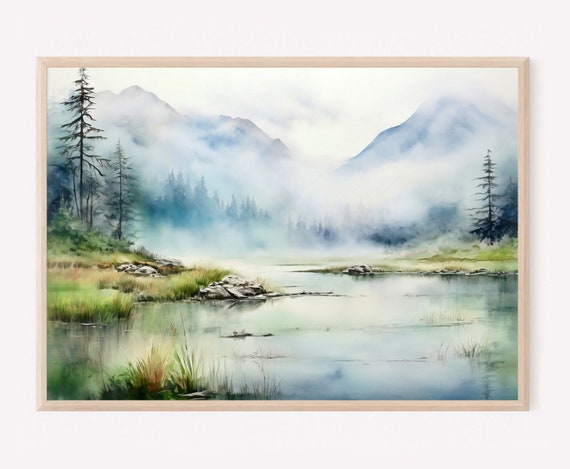 Mountain River Painting Print Pine Tree Wall Art Watercolor Landscape Ever Green Forest Art Prints Foggy Mountains Wall Art Home Decor Gift