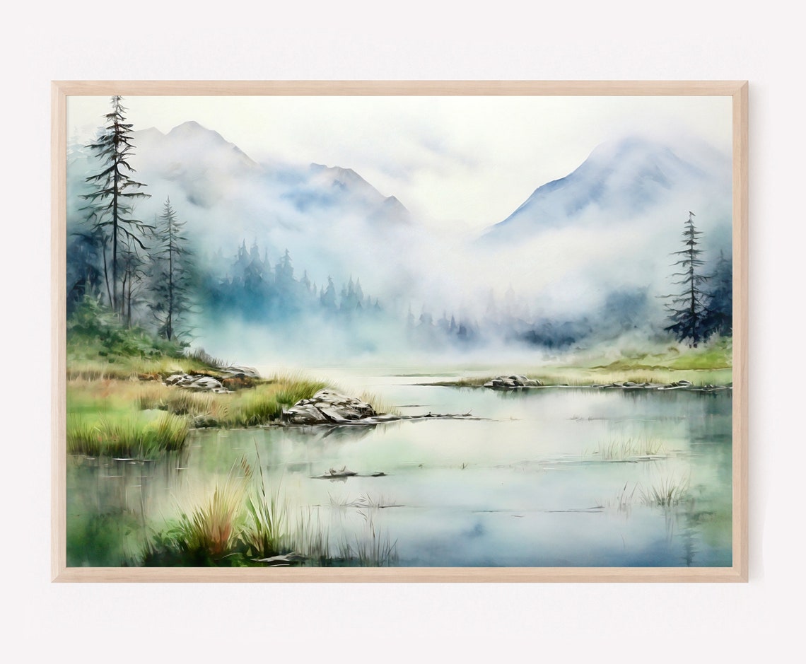 Misty Mountain Lake Pines Watercolor Nature Landscape Poster