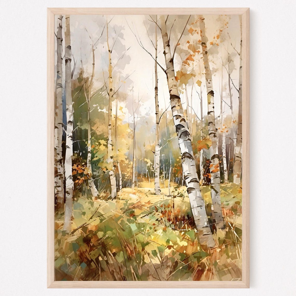 Birch Grove Autumn Trees Golden Meadow Fall Foliage Watercolor Poster