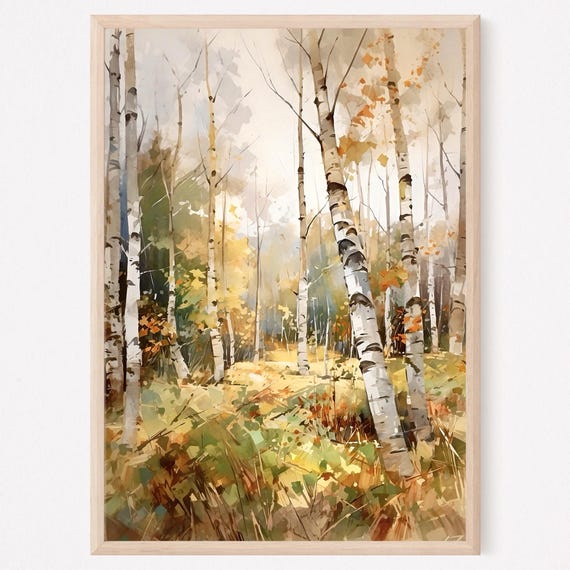 Birch Woods Art Print Watercolor Birch Tree Painting Fall Birch Trees Artwork Landscape Wall Art