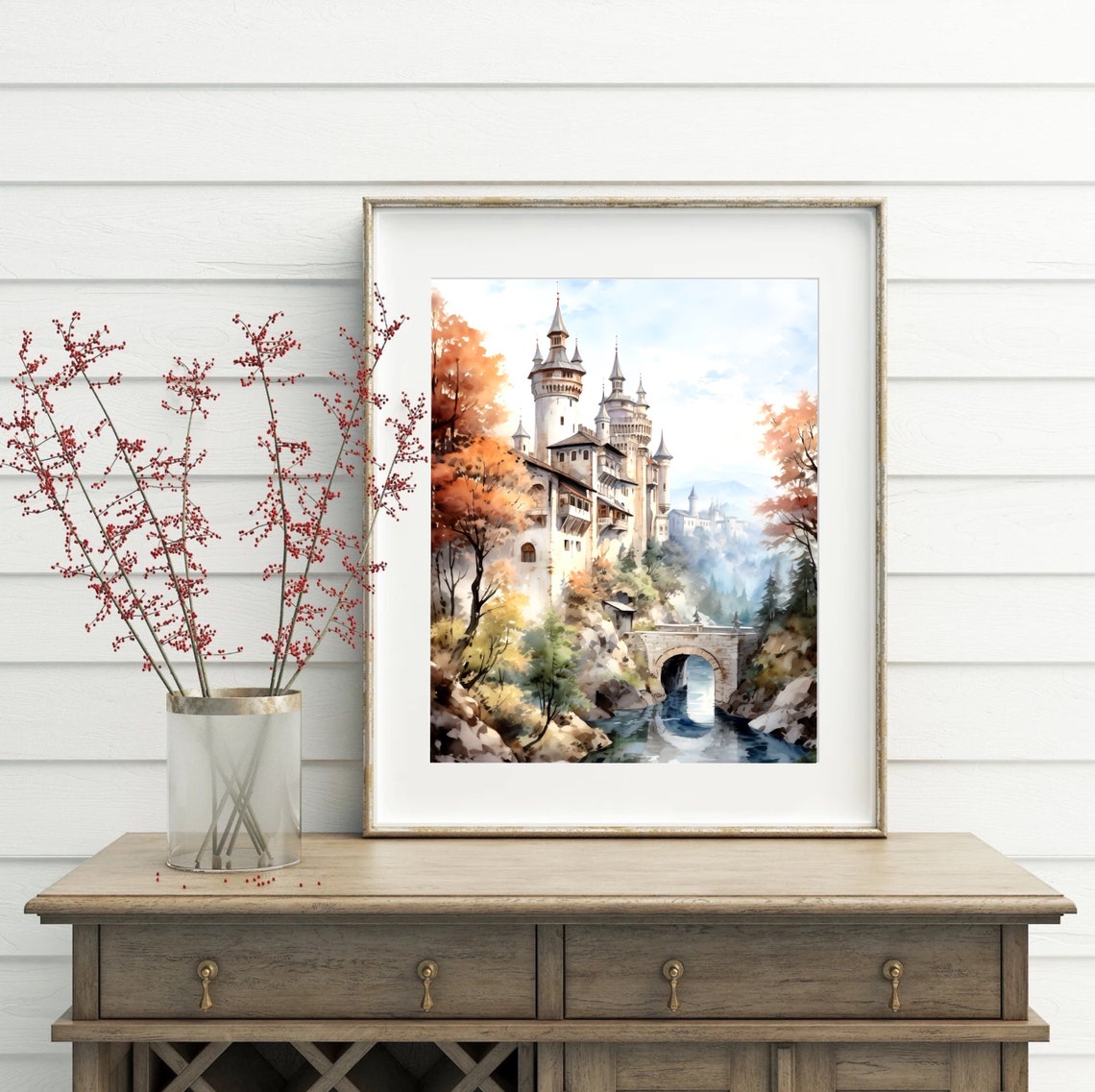 Fairytale Castle Watercolor with Stone Bridge River and Trees Poster - Image 3