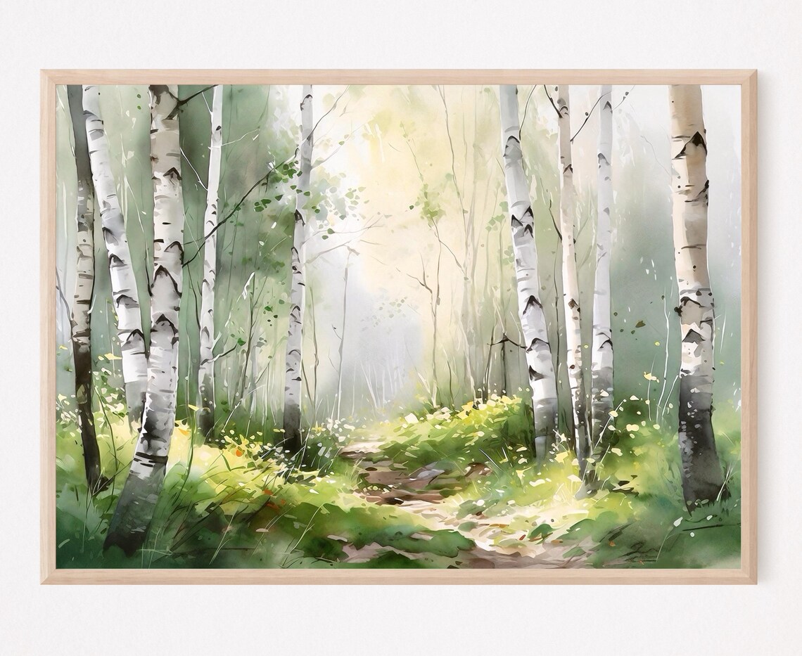 Birch Tree Forest Watercolor Print, Landscape Art