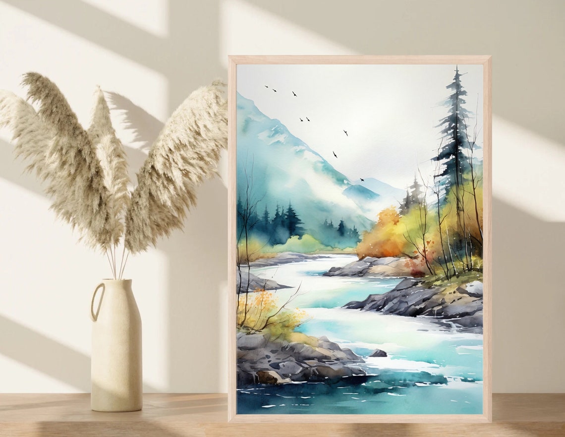 Misty Autumn River Watercolor with Blue Mountains and Birds Poster - Image 2