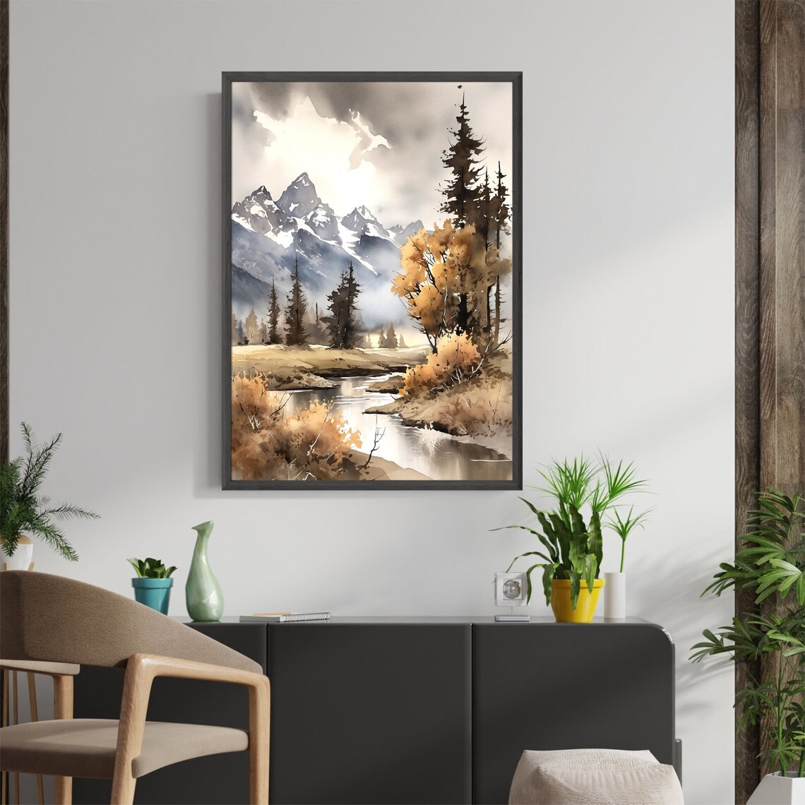 Grand Teton Snowy Peaks Autumn Stream Wilderness Watercolor Poster - Image 5