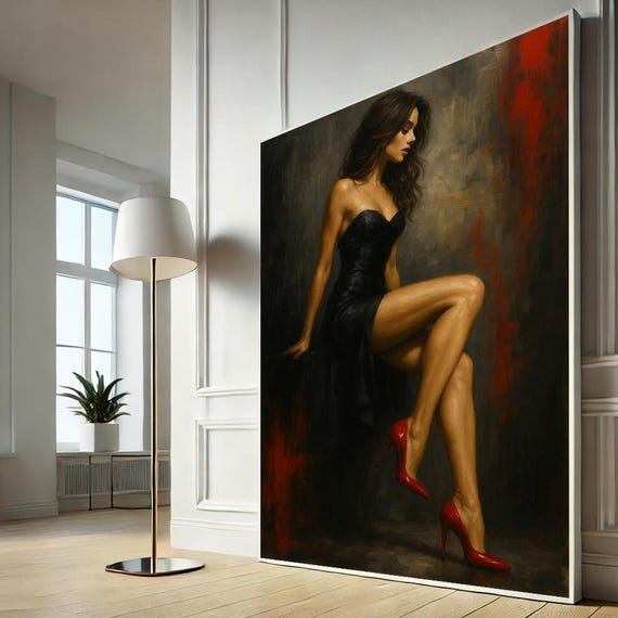 Elegant Woman In Black Dress Canvas Art Red Heels Feminine Wall Poster Luxury Oil Style Print Ready To Hang Decor