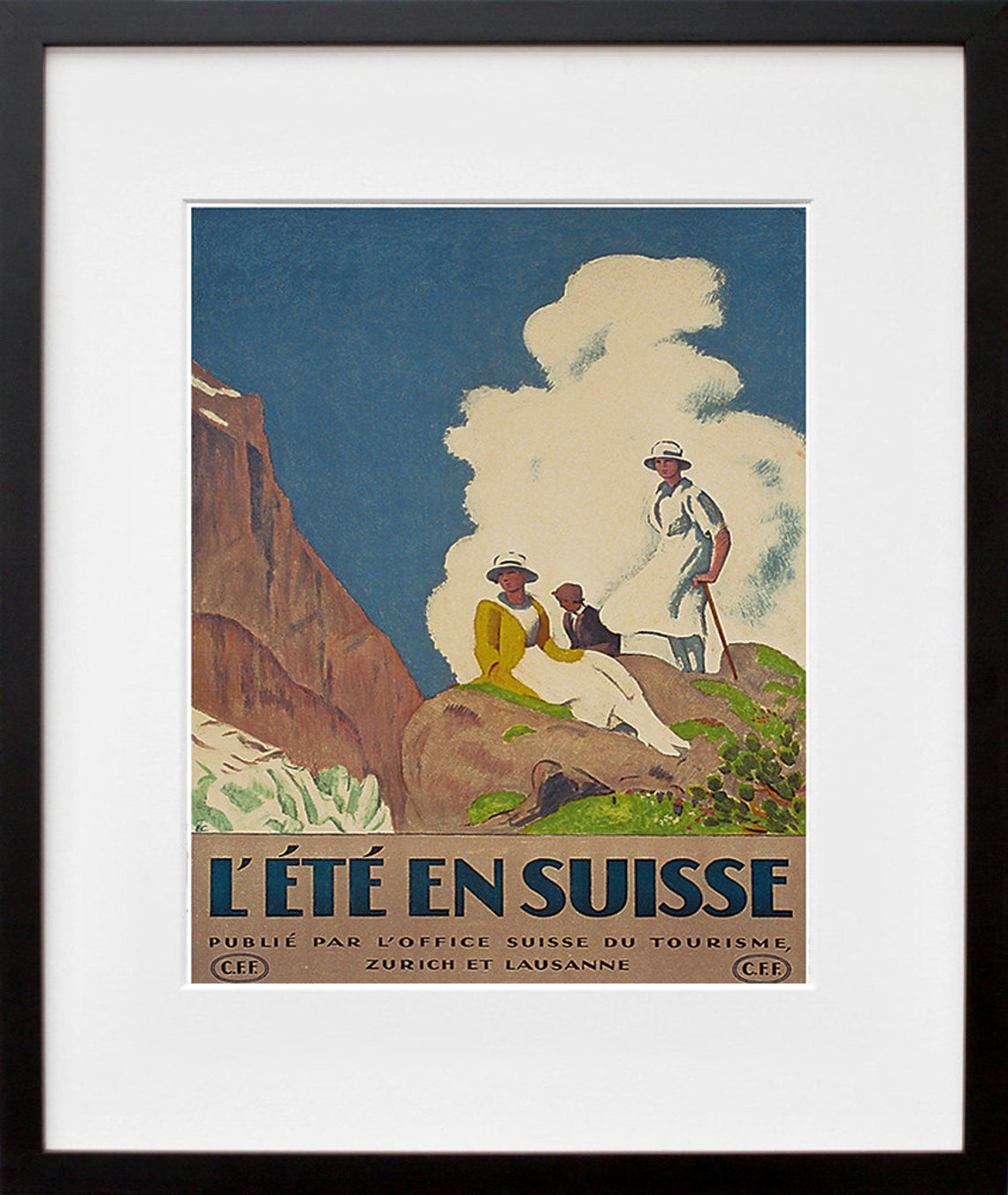 Lete en Suisse Summer Alps Glacier Hikers Vintage Travel Poster
