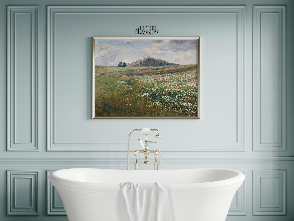 Red Poppy Meadow With White Wildflowers Vintage Landscape Poster - Image 2