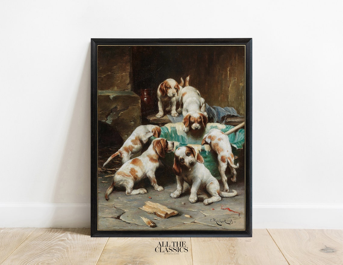 Six Adorable Puppies Playing Rustic Vintage Dog Portrait Poster - Image 3