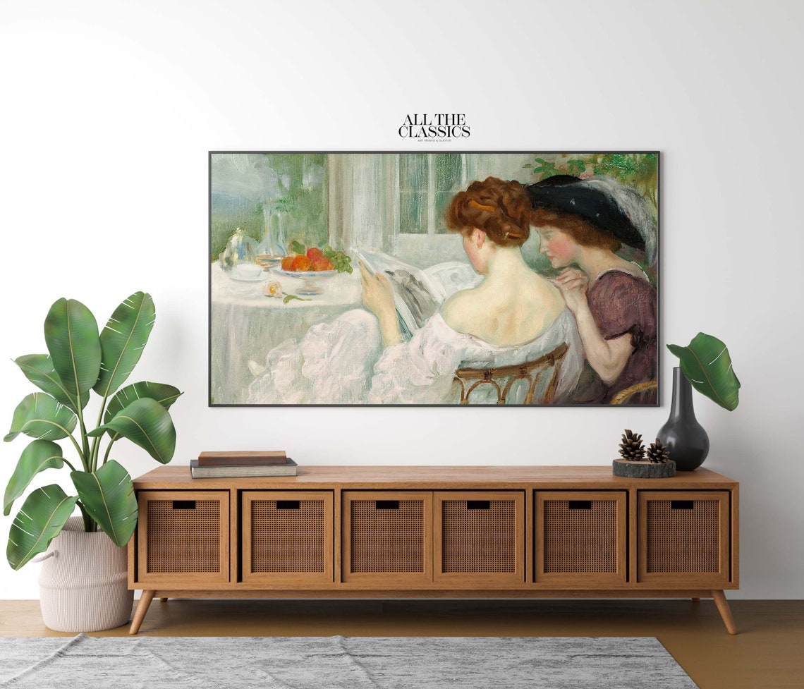 Two Victorian Women Reading Newspaper Window Vintage Interior Wall Art - Image 2