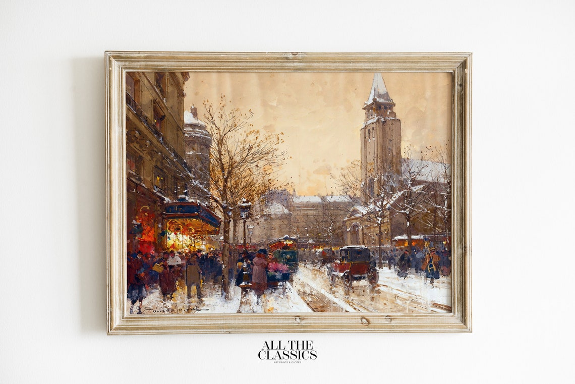 Snowy Paris Street Winter Carriages Vintage French Cityscape Poster