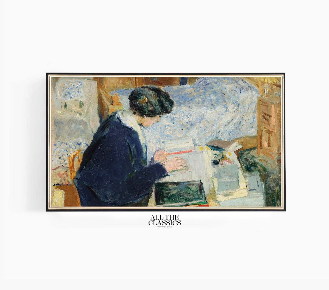 Woman Reading at a Desk in Soft Blue Light Impressionist Poster