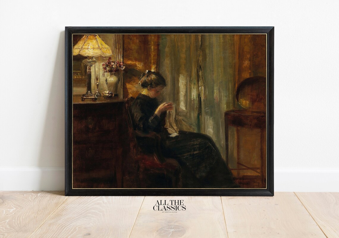 Carl Holse A Woman Sewing Warm Lamplight Danish Interior Portrait Poster - Image 3