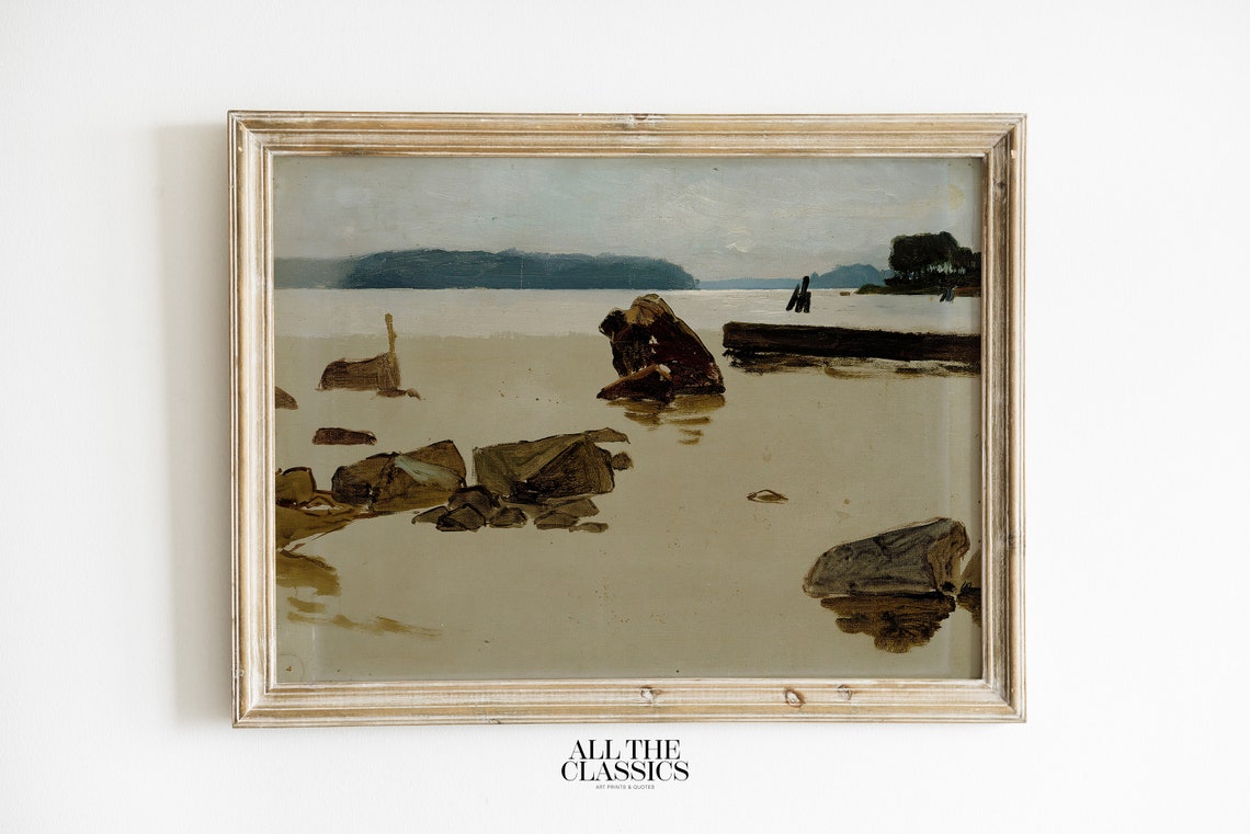 Muted Minimalist Shoreline Rocks Quiet Gray Green Ocean Art Poster