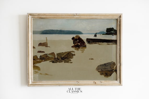 Muted Minimalist Shoreline Rocks Quiet Gray Green Ocean Art Poster