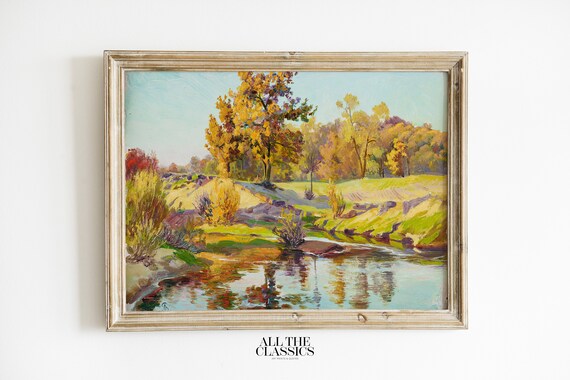 Golden Autumn River Landscape Colorful Fall Trees Vintage Painting Poster