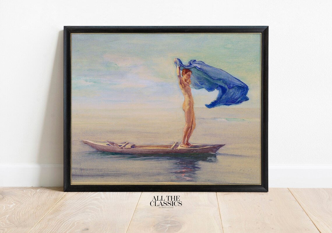 John La Farge Girl In Bow Of Canoe Samoa Blue Cloth Watercolor Art Poster - Image 3
