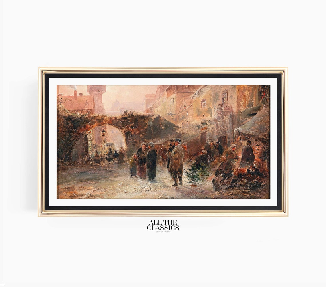 Old Town Winter Market under a Stone Arch Christmas Vintage Poster - Image 3