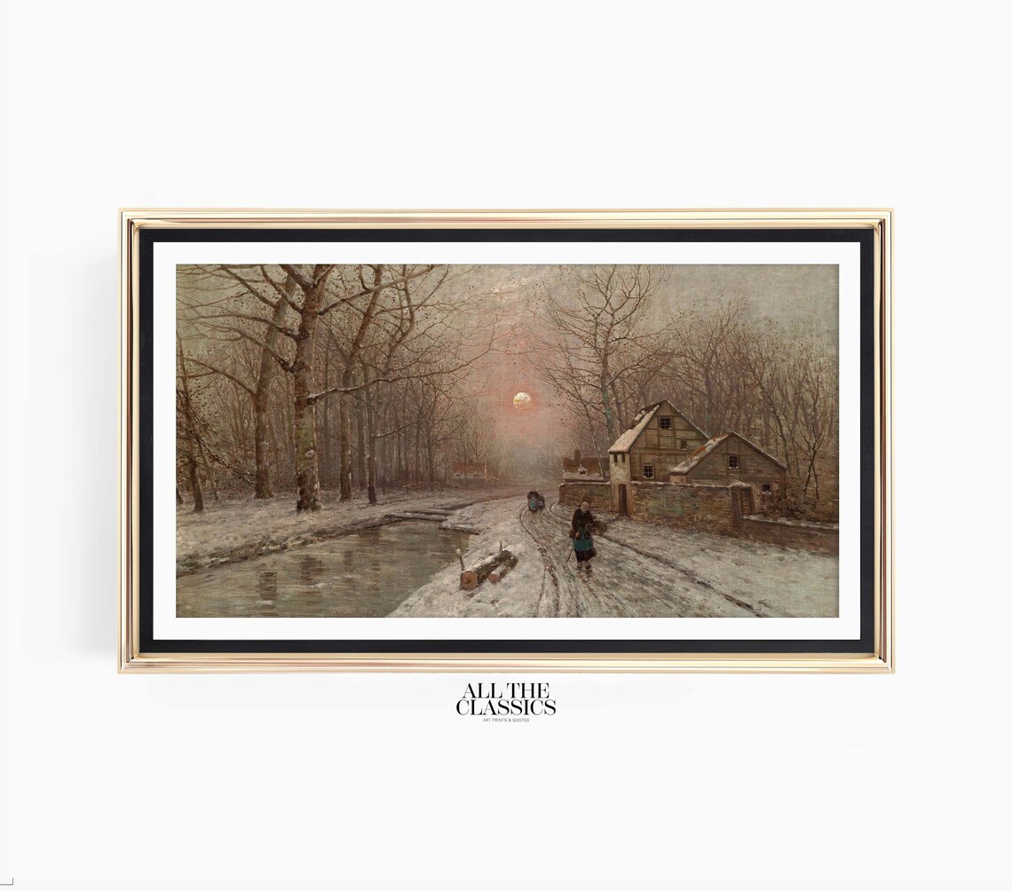 Abend Snowy Village Dusk Moonrise Winter Landscape Painting Poster - Image 3
