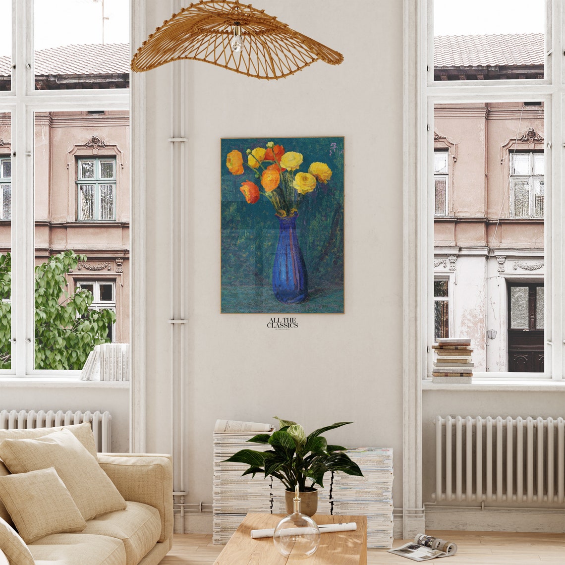 Yellow Ranunculus Flowers in Blue Vase Still Life Vintage Poster - Image 2