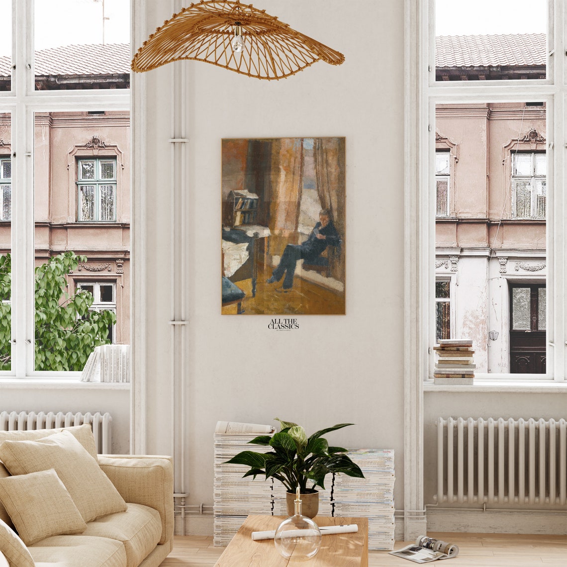 Reader by Window Cozy Interior Bookshelf Oil Painting Poster - Image 2