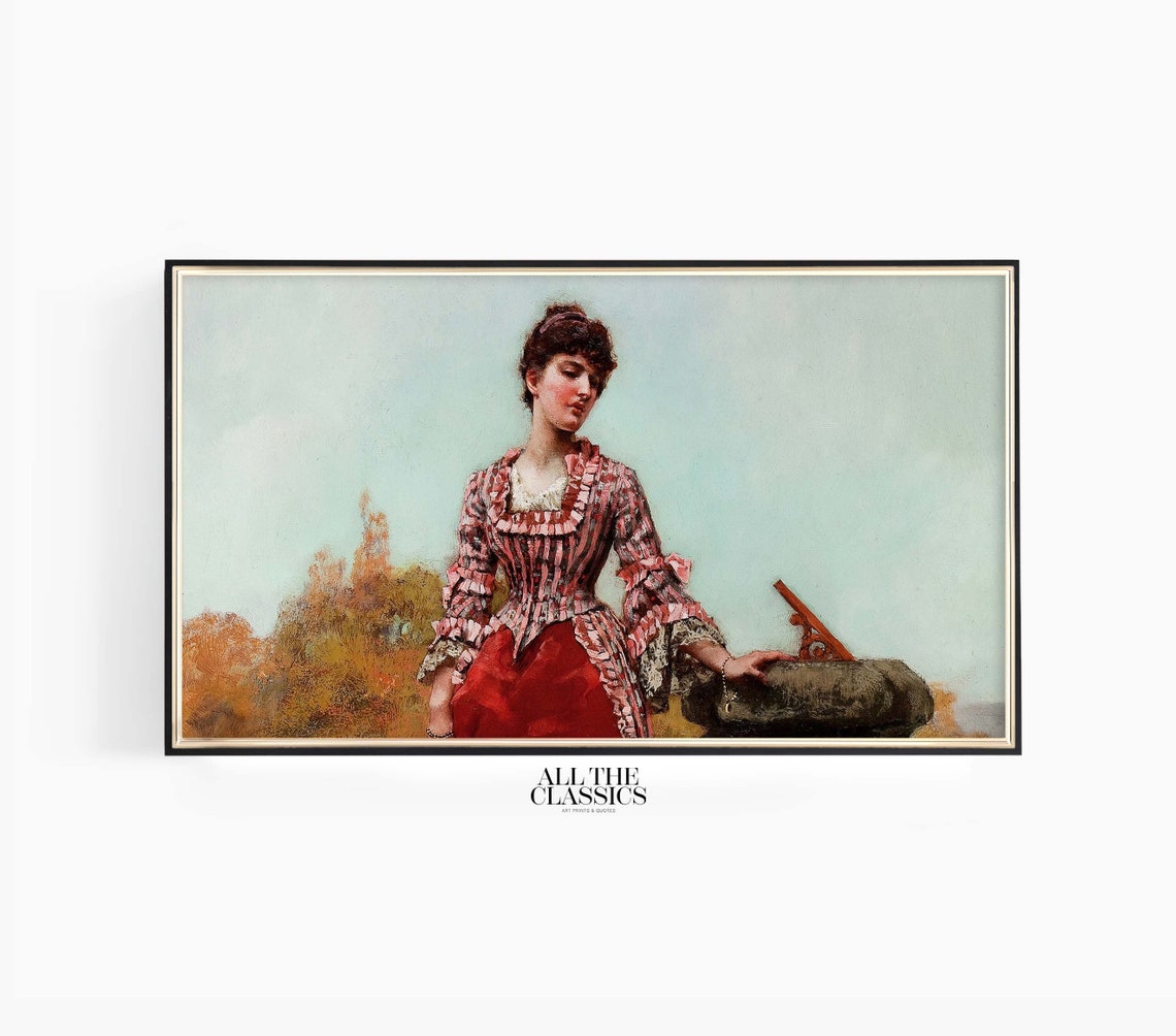 Victorian Woman by a Stone Sundial in an Autumn Garden Poster