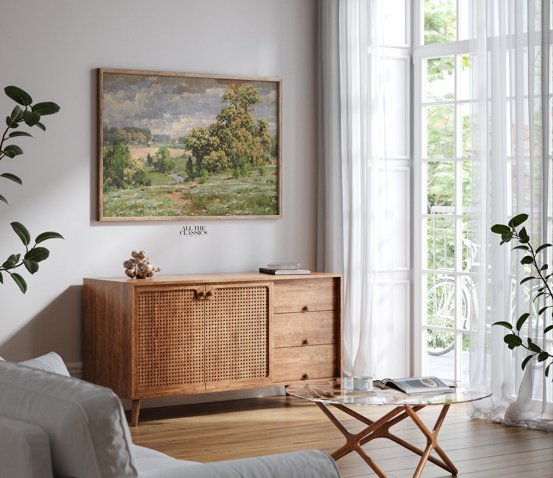 Vintage Spring Meadow Stream Landscape Rustic Oil Painting Poster - Image 2