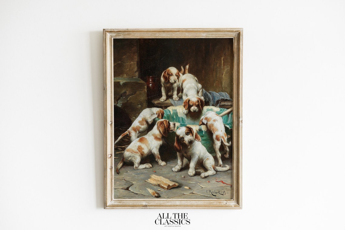 Six Adorable Puppies Playing Rustic Vintage Dog Portrait Poster