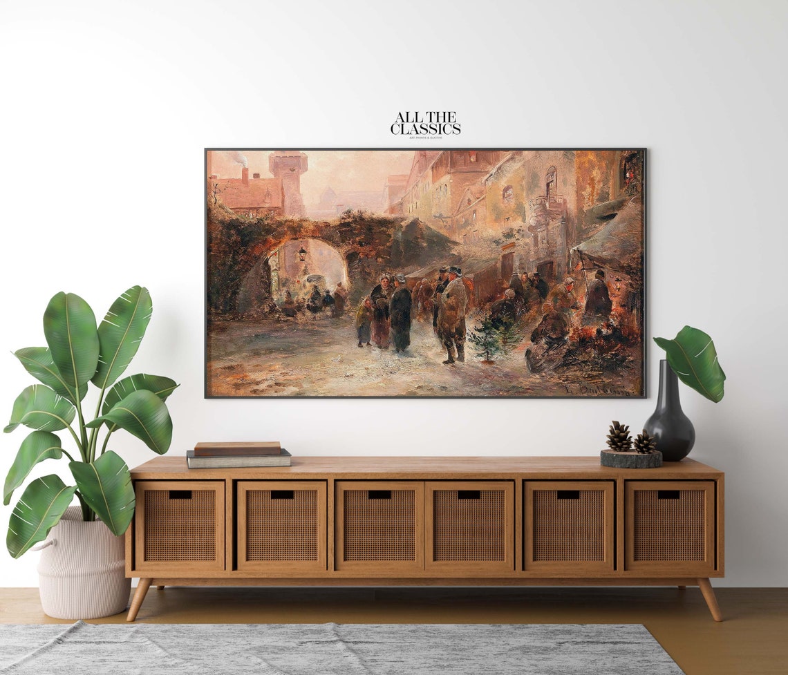 Old Town Winter Market under a Stone Arch Christmas Vintage Poster - Image 2