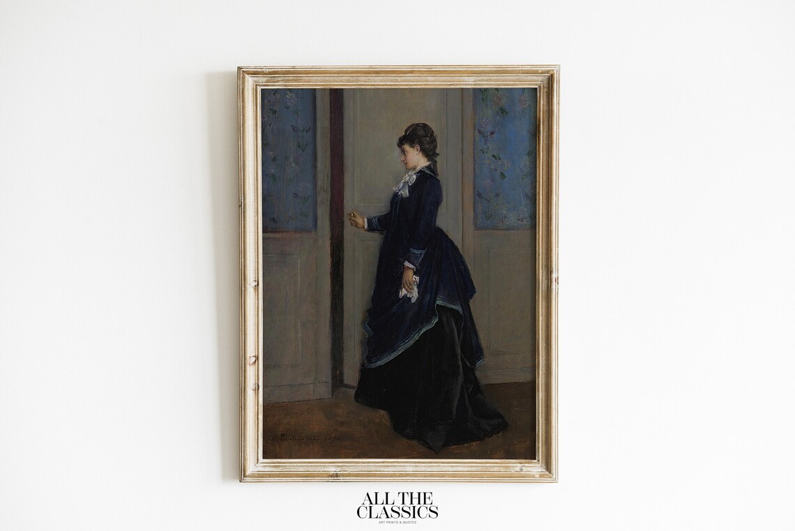 Auguste Toulmouche An Elegant Lady Dark Blue Gown Doorway Portrait Poster