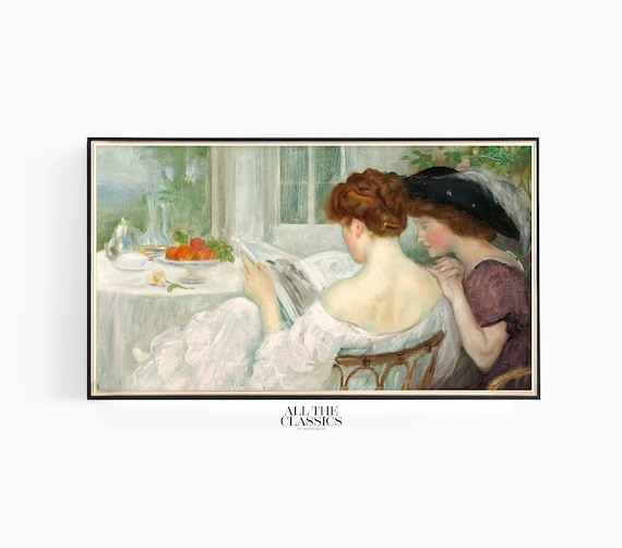 Two Victorian Women Reading Newspaper Window Vintage Interior Wall Art