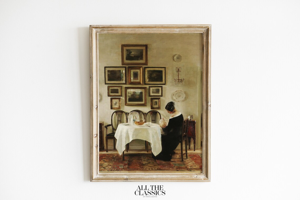 Woman At Table Picture Gallery Interior Vintage Rustic Painting Poster