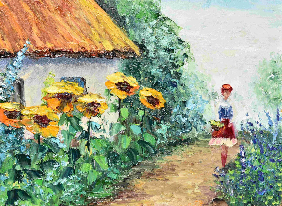 Rural House Art Ukraine Art Summer Landscape Art Landscape Painting Ukrainian Girl Art Yellow Flowers Art Well Landscape Art Palette Knife