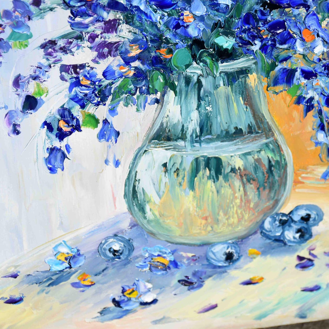 Blue Flower Painting Still Life Painting Blueberry Art Wildflowers Oil Art Purple Flowers Painting Impasto Painting Palette Knife Art Oil - Image 2