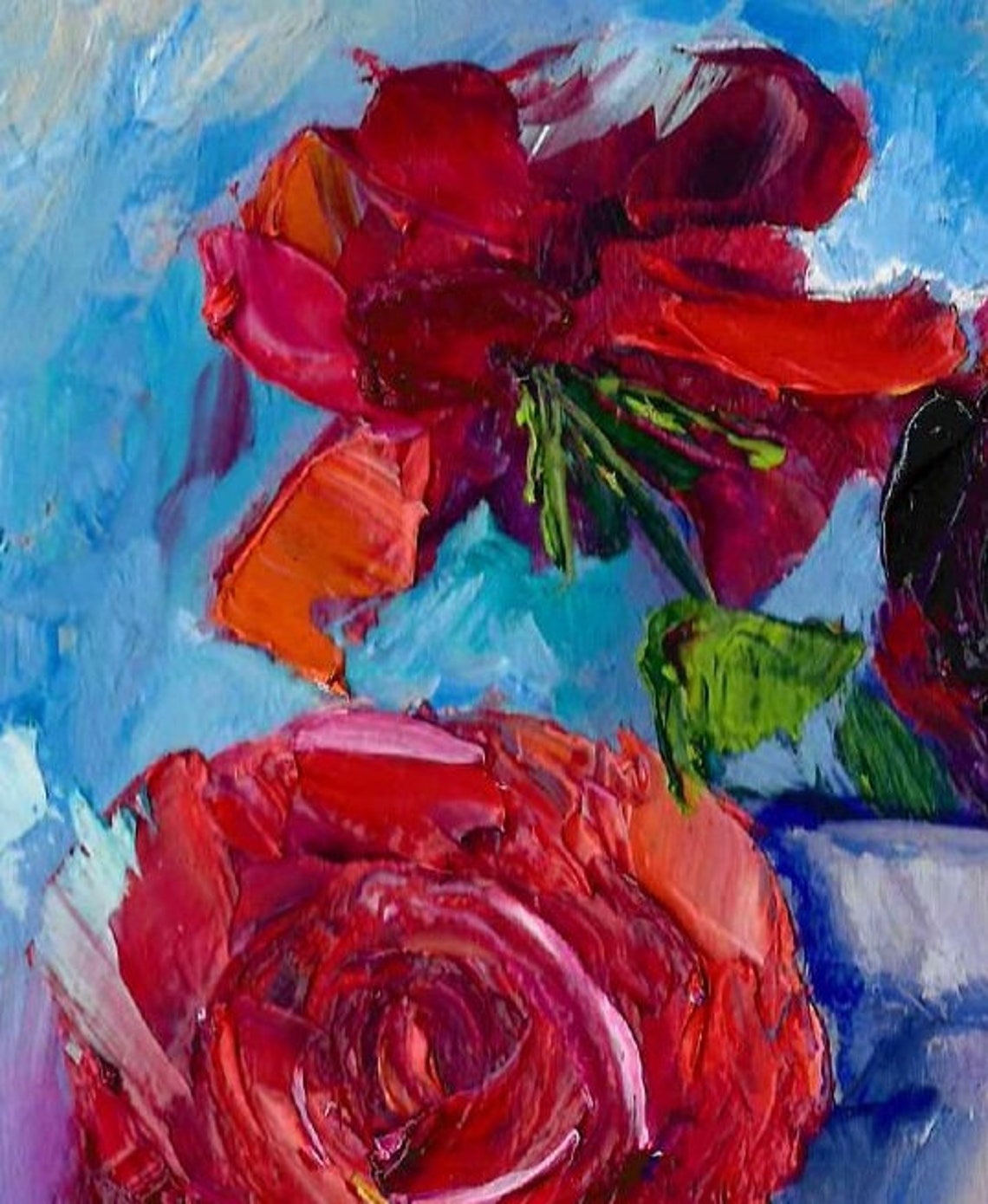 Red Roses White Vase Cherries Blue Purple Impasto Still Life Wall Art - Image 2