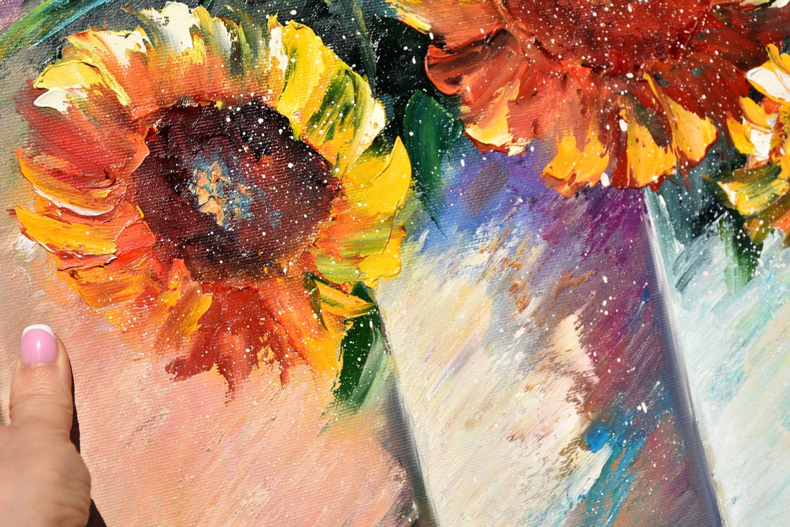 Sunflowers Painting Sunflower Fields Art Orange Flowers Colorful Artwork Original Painting Impasto Oil Painting Textured Wall Art Art Home - Image 2