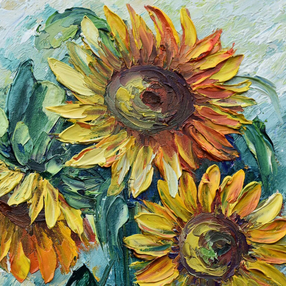 Three Sunflowers Close Up Golden Bloom Floral Oil Art Poster - Image 3