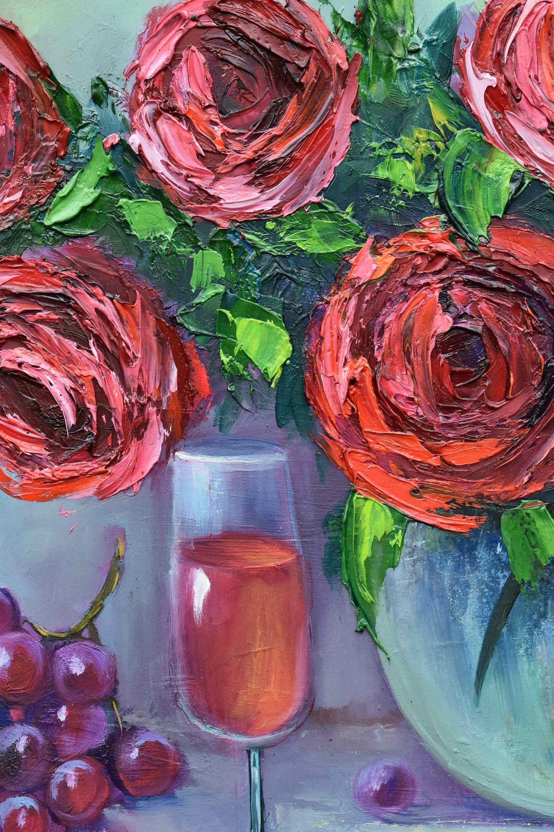 Deep Red Roses Wine Glass Cherries Vase Impasto Still Life Wall Art - Image 3