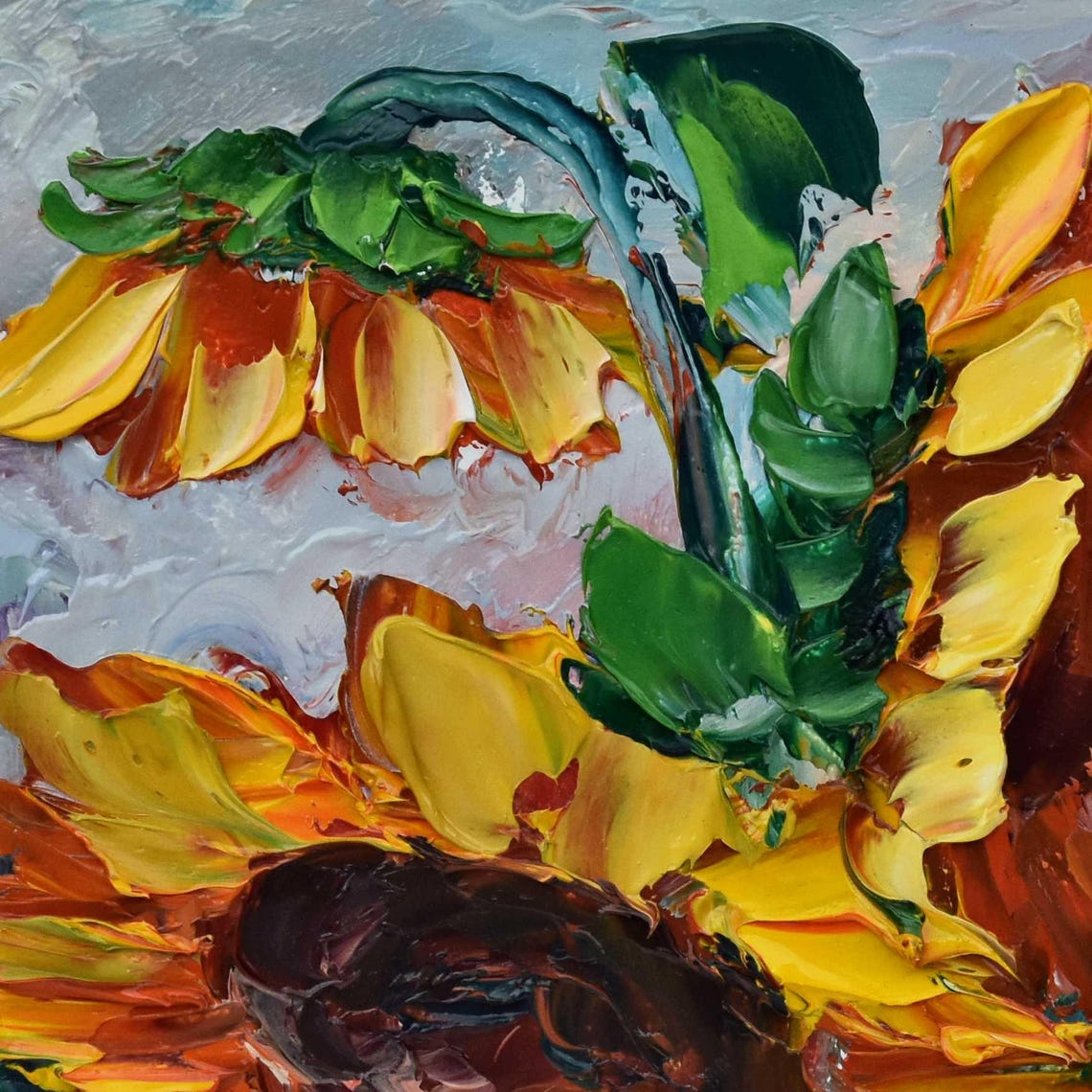Mini Sunflower Blossom Close Up Purple Accent Impasto Painting Poster - Image 2