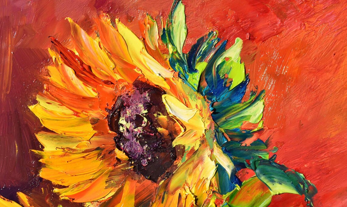 Sunflowers In Blue Vase Red Background Floral Still Life Poster - Image 2