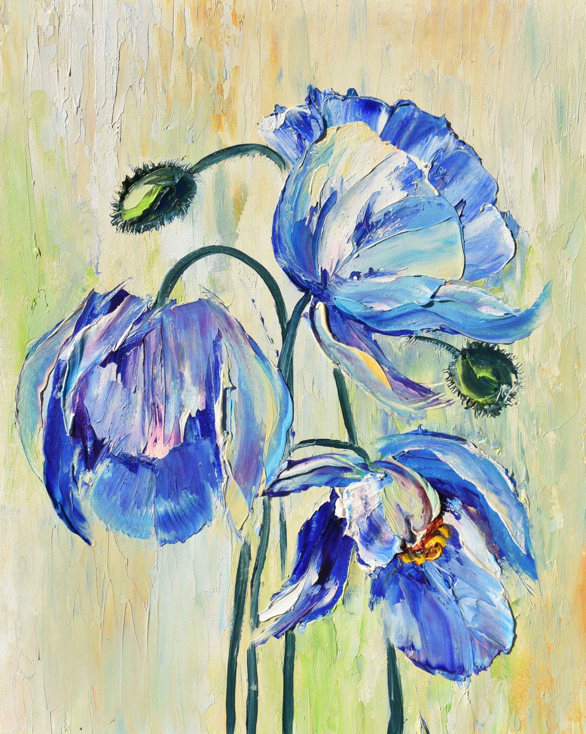 Blue Poppies Painting Poppy Oil Painting Landscape Painting Blue Flowers Art Floral Original Art Poppies Impasto Flower Artwork Original Art