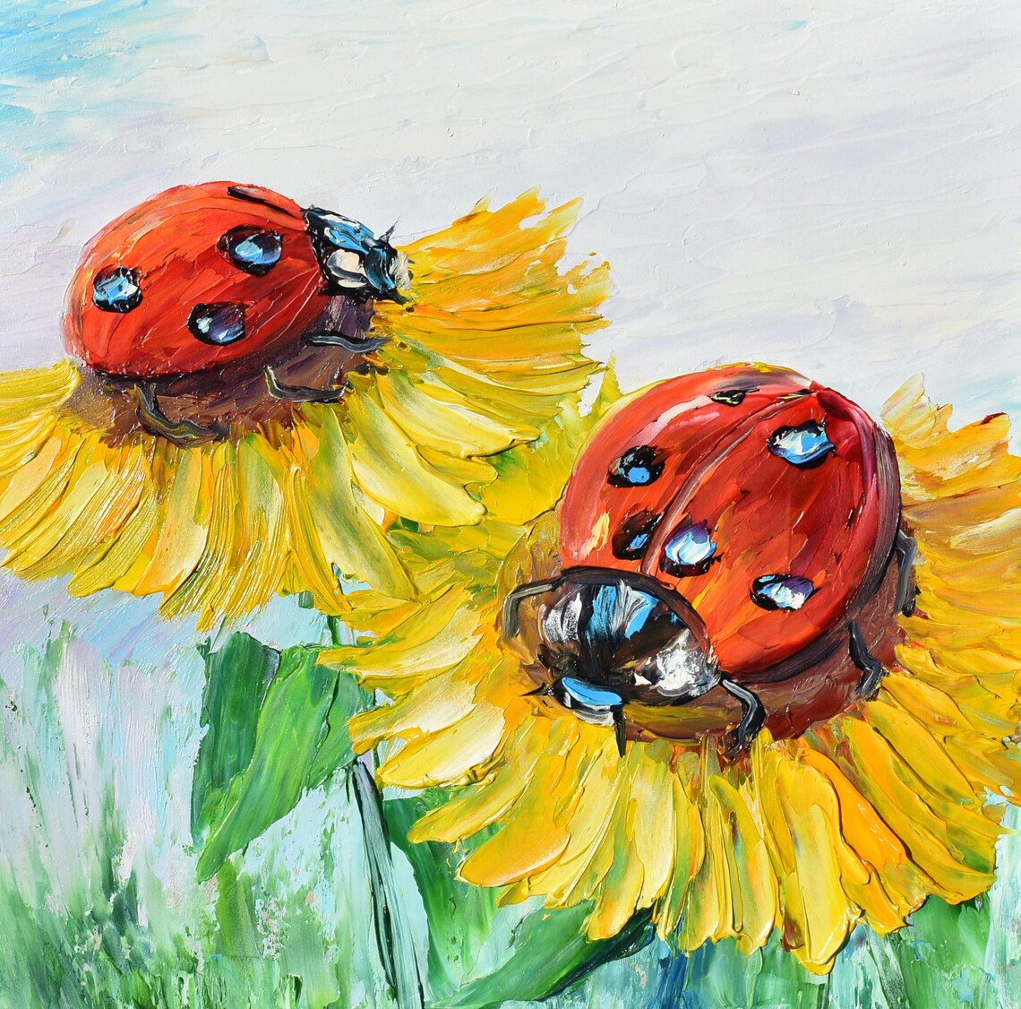 Ladybugs Painting Small Wall Art 8 X 8 Ladybug Art Sunflowers Painting Couple In Love Art Landscape Painting Meadow Wall Art Meadow Wall Art - Image 4