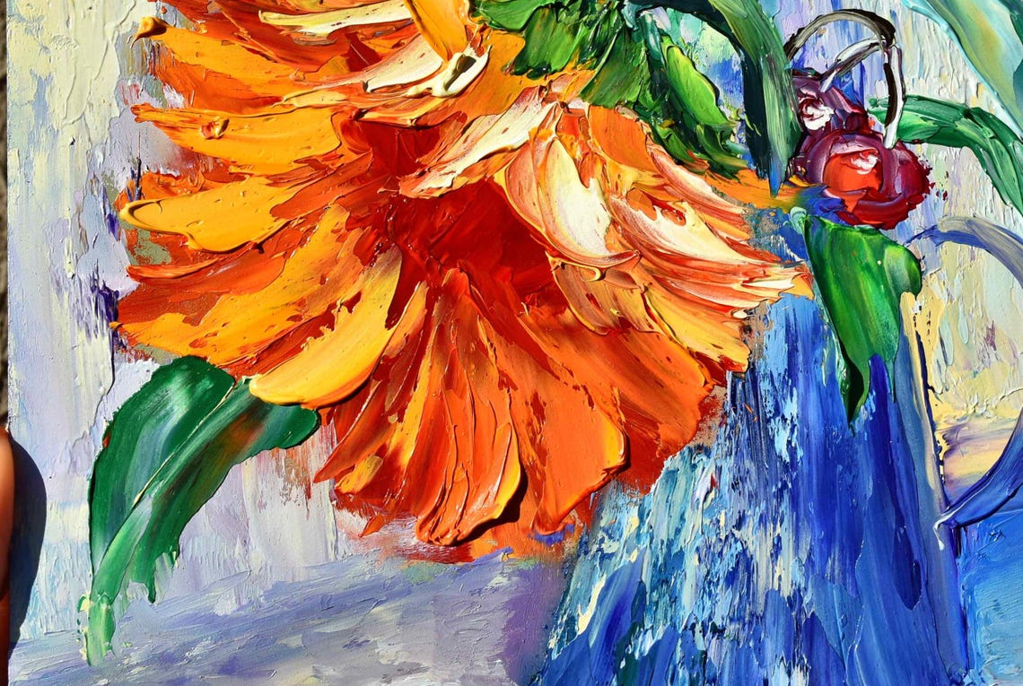 Sunflowers Painting Small Wall Art Impasto Oil Painting Sunflowers Art Palette Knife Art Wildflowers Oil Art Floral Oil Painting Yellow - Image 2