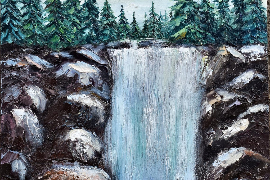 Mountain Waterfall Turquoise Pool Evergreen Forest Landscape Poster - Image 2