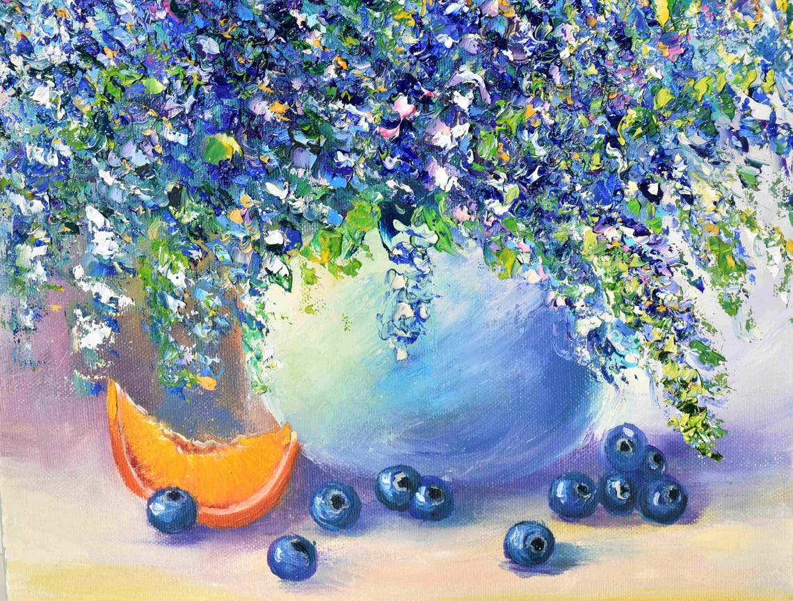Blue Flower Painting Blueberry Art Food Kitchen Art Impasto Painting Purple Flowers Art Oil Art Textured Wall Art Blue Floral Artwork Origin - Image 4