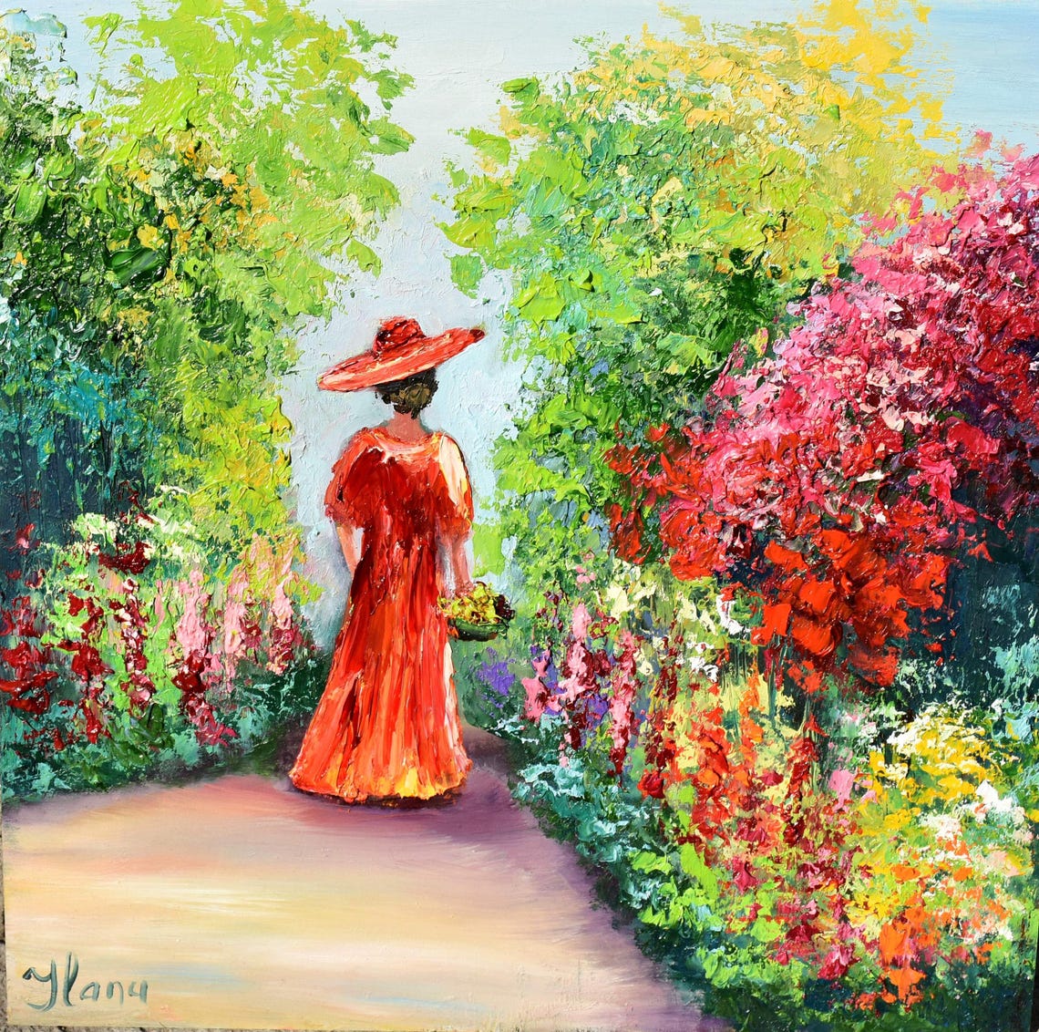 Girl In A Flower Garden Art Lady In Red Art Girl With A Basket Of Flowers In A Flower Garden Art Lady In A Red Dress Square Painting Meadow